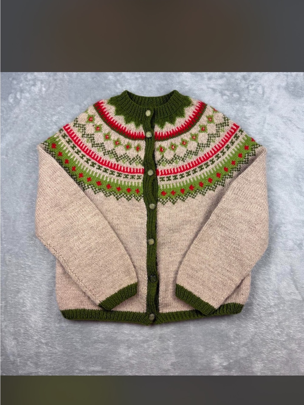 Handmade Cream & Green Wool Fair Isle Cardigan Sweater